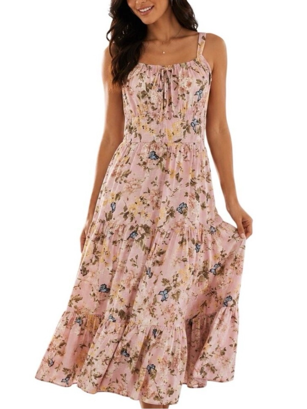 Pink Floral Tiered Sundress with Butterflies- Garden Party midi/maxi